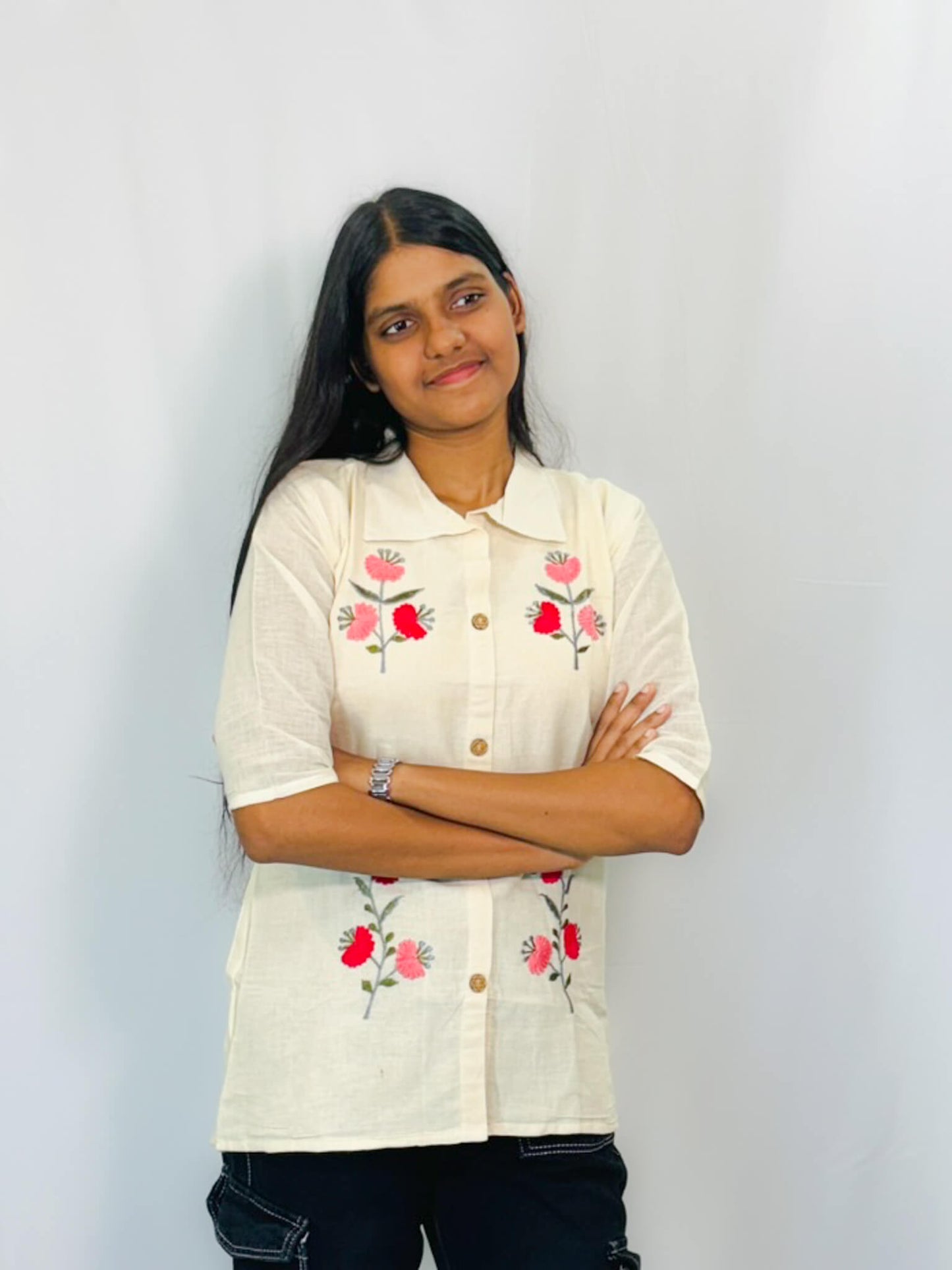 Beige Cotton Embroidered Shirt for Women – Stylish & Comfortable Casual Top | Swastyles