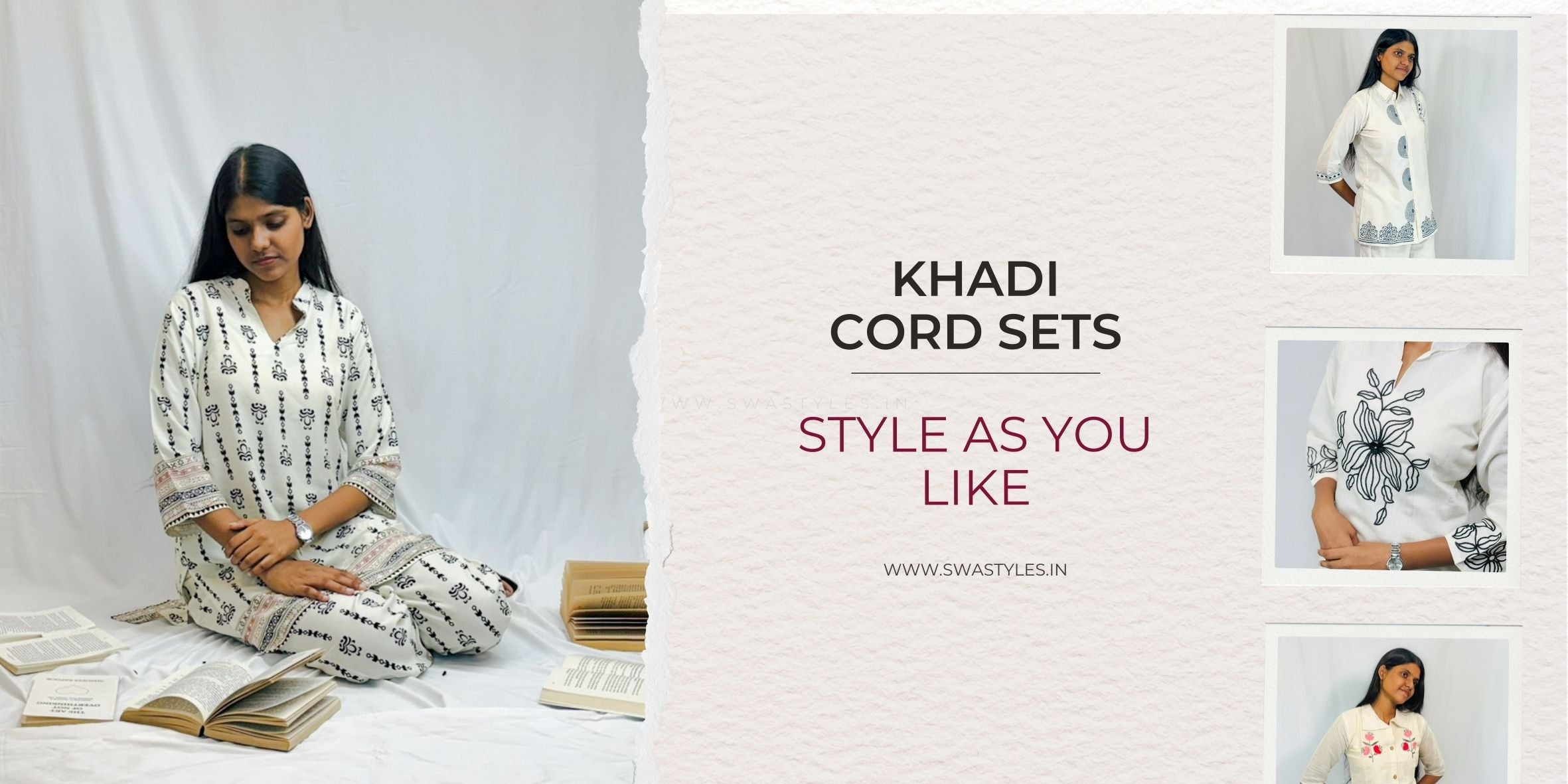 Woman sitting on a bed wearing a white and black patterned outfit with 'Khadi Cord Sets' text and images.