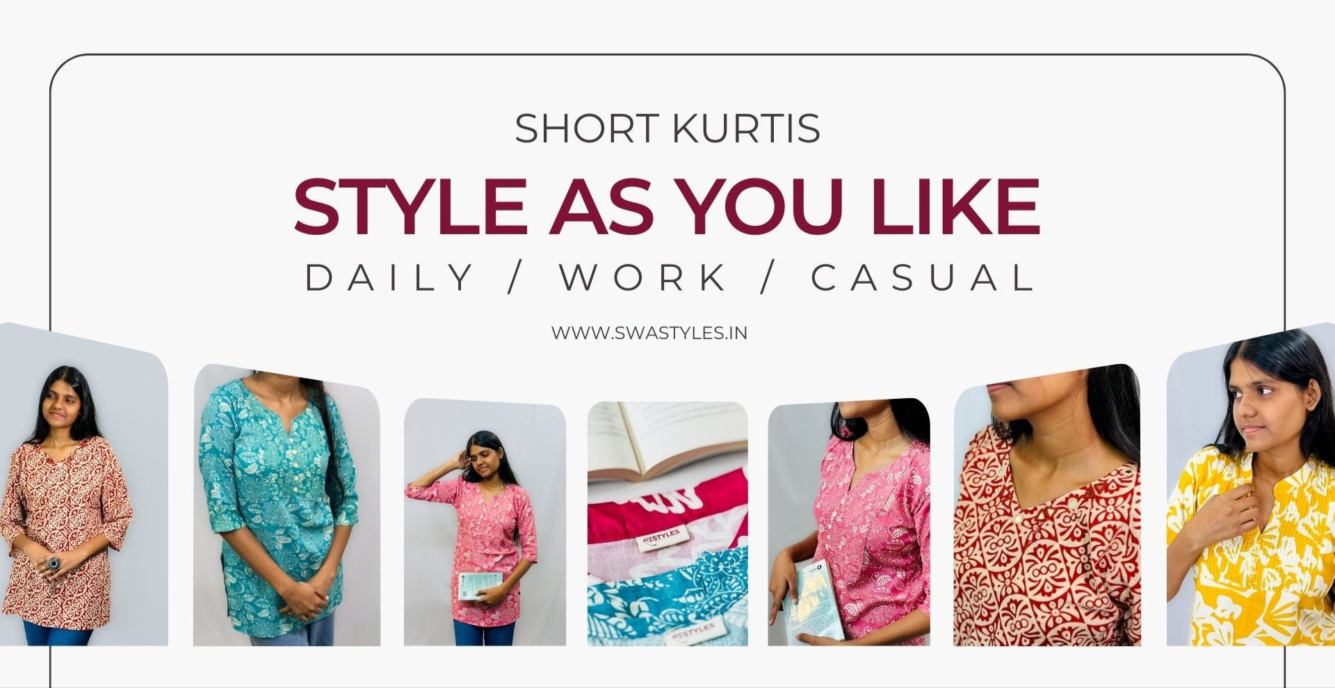 Promotional banner for short kurtis with models wearing various designs and colors.