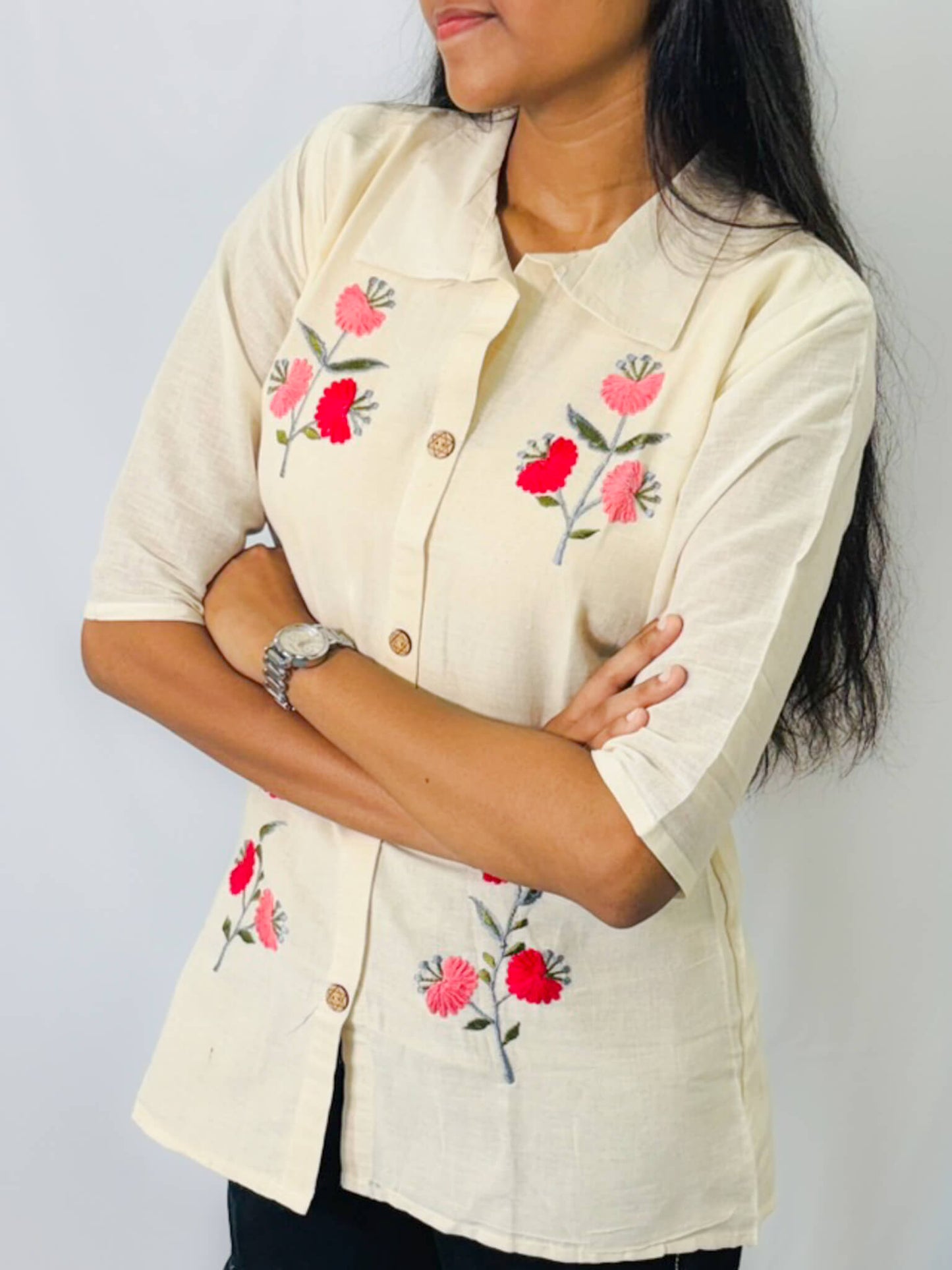 Beige Cotton Embroidered Shirt for Women – Stylish & Comfortable Casual Top | Swastyles
