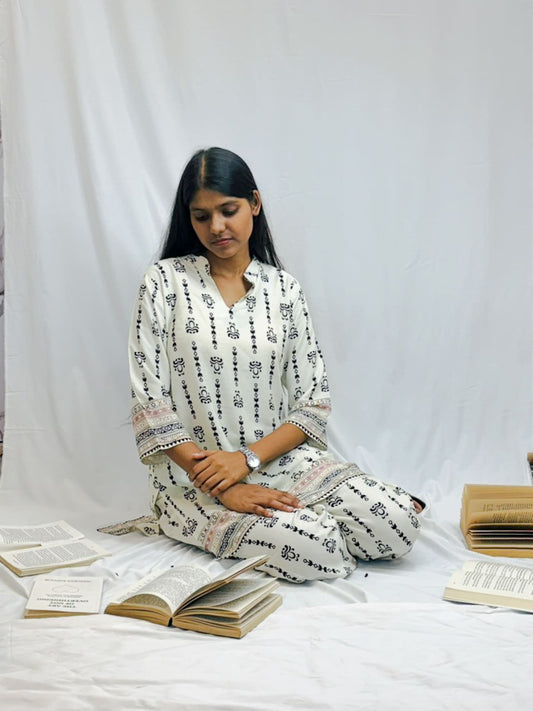 White Printed Cotton Kurta & Pant Set for Women – Comfortable Daily Wear Co-Ord | Swastyles