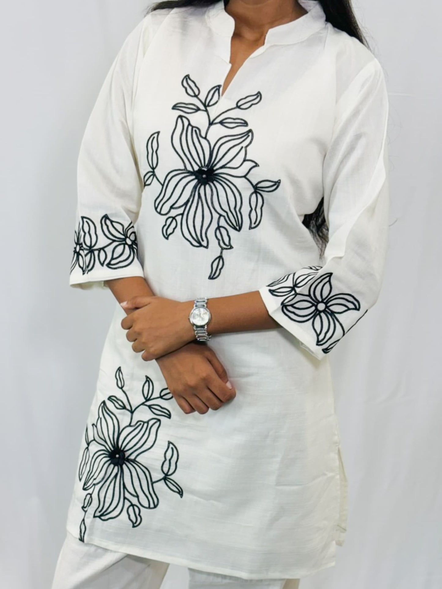White Khadi Cotton Embroidered Cord Set for Women – Elegant Top &amp; Bottom Ethnic Outfit | Swastyles