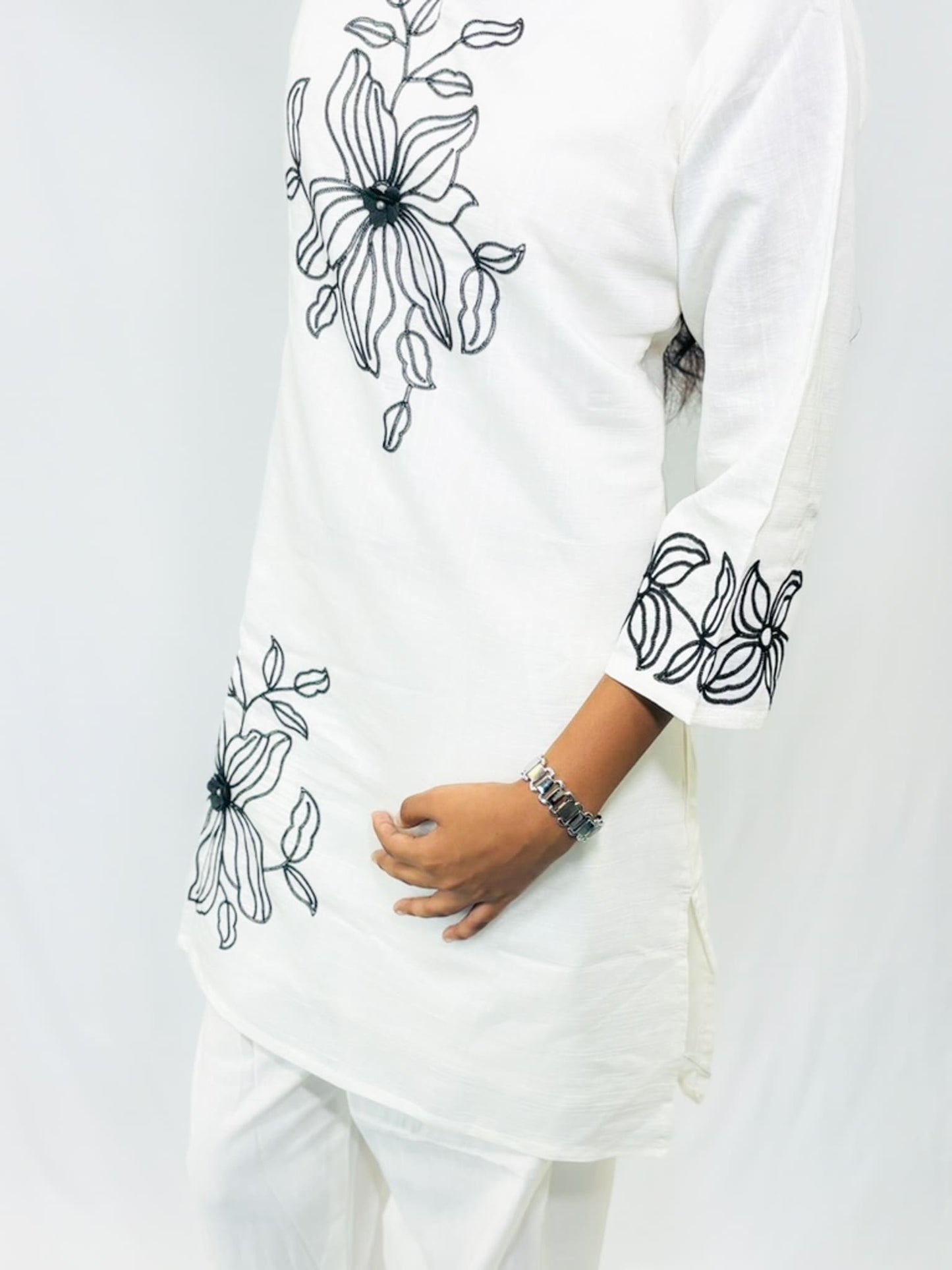White Khadi Cotton Embroidered Cord Set for Women – Elegant Top &amp; Bottom Ethnic Outfit | Swastyles